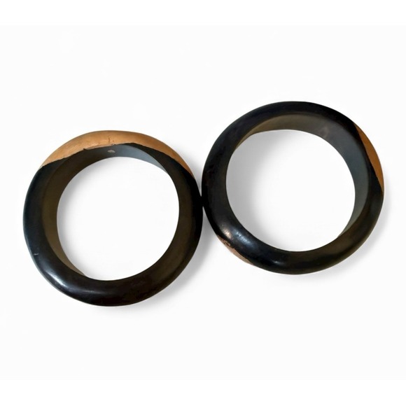 Set Of 2 Ebony Black Wood Bangle Bracelets 2-Tone Inlaid Boho Handmade 0.5"x6" - Picture 3 of 9